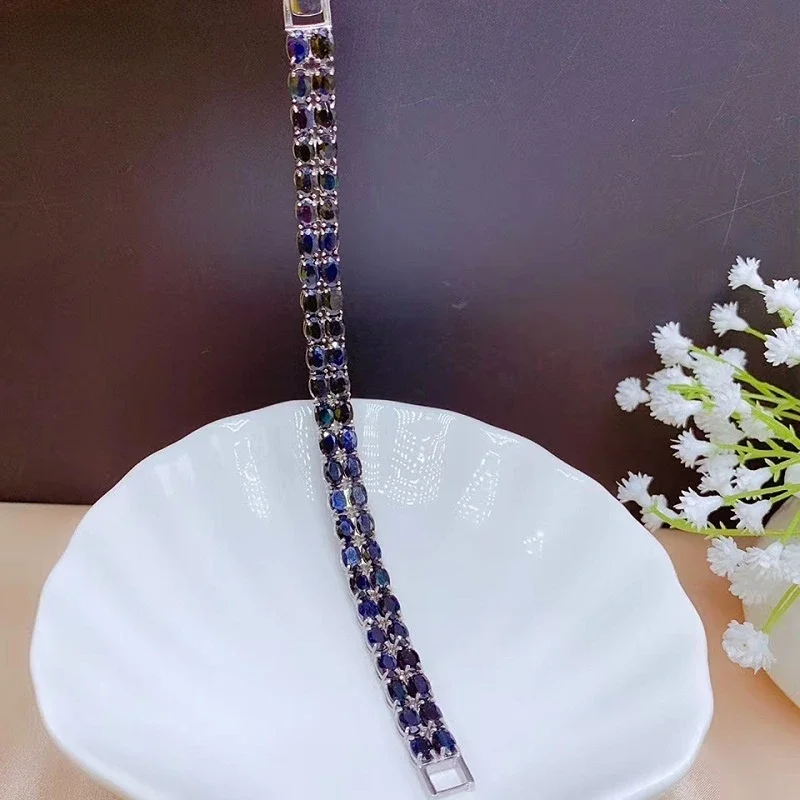 Natural Sapphire Bracelet Women's Party Bracelet High Quality 4* 6mm Blue Gemstone 925 Silver Band Certificate