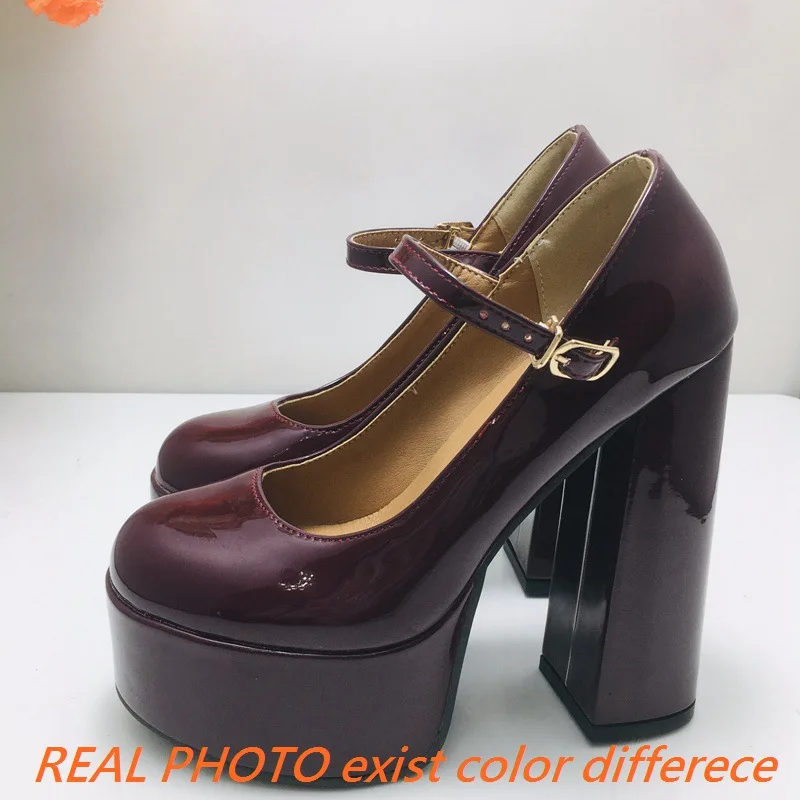 ORCHA LISA 2024 New Mary Janes Women Pumps Shoes Round Toe 14cm Thick Block Heel 5cm Platform Patent Leather Buckle Big Size 41