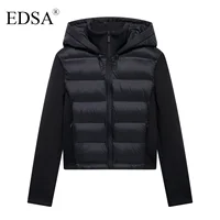 EDSA Chaqueta acolchada negra para mujer Capucha ajustable con tapones Cuello alto Mangas largas Bolsillos laterales Ropa de abrigo cálida para invierno