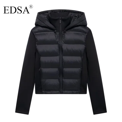EDSA Chaqueta acolchada negra para mujer Capucha ajustable con tapones Cuello alto Mangas largas Bolsillos laterales Ropa de abrigo cálida para invierno