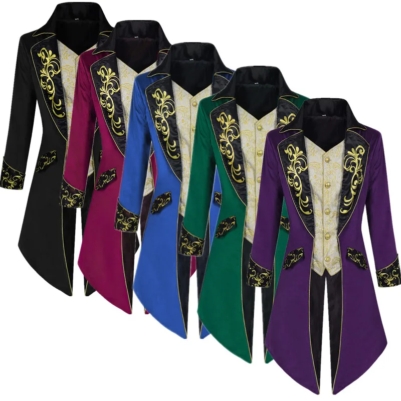 Purple Men's Vintage-style Long Coat Green Stage Performance Tailcoat European Size Red Stand-collar Long-sleeved Trench Coat