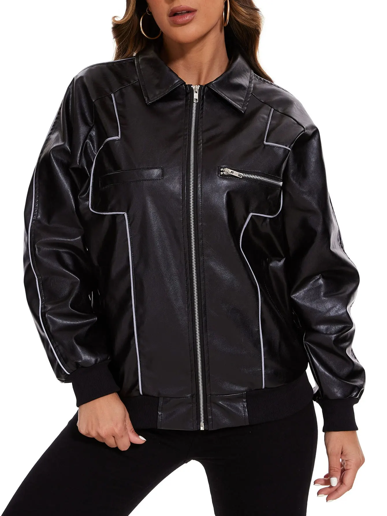 

Women's Chic Plain Leather Jacket High Street Style Long Sleeve Lapel Zipper Outerwear Separated Design for Autumn