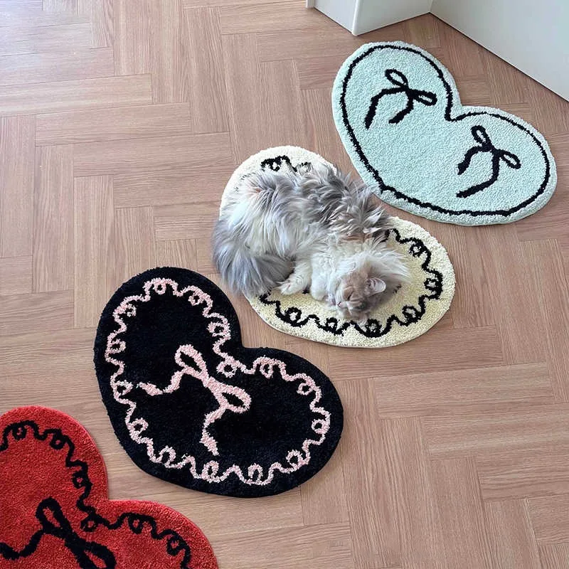 Luxury Ins Flocked Heart Design Doormat Plush Bedroom Area Rug Super Absorbent Bathroom Mat Non-Slip Floor Carpet