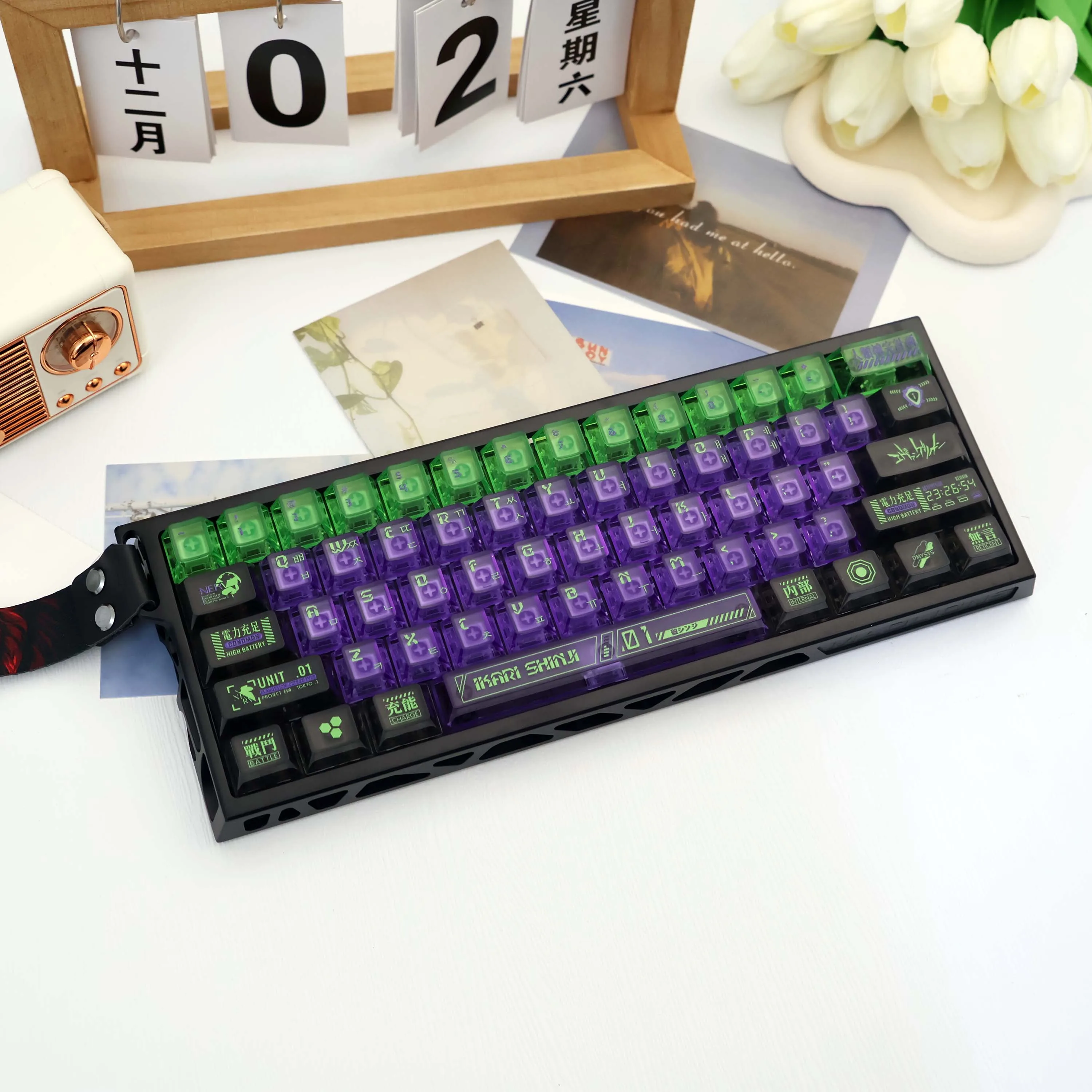 Koreanische Hangul Lila Mecha 128 Tasten PC Transluzente UV-Tastenkappen, Cherry-Profil MX-Kompatibel für 61/64/68/87/96/104/108