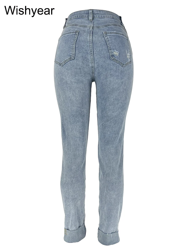 Slanting Button Skinny Jeans Washing Ripped Denim Hole Pencil Pants Slim Pockets High Street Blue Strech Trousers Women Bottoms