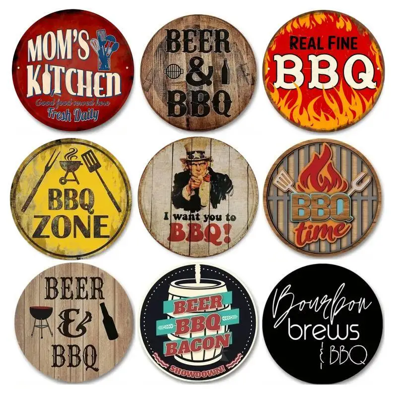 BBQ Zone Round Metal Aluminum Sign Vintage Dad`s BBQ Yard Outdoor Party Decoration Plate Retro Barbecue Rules Slogan