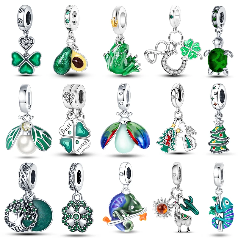 Silver-Plated Tree of Life Four-Leaf Clover Green Series Charms Beads Fit Qikaola 925 Original Bracelet DIY Jewelry Making