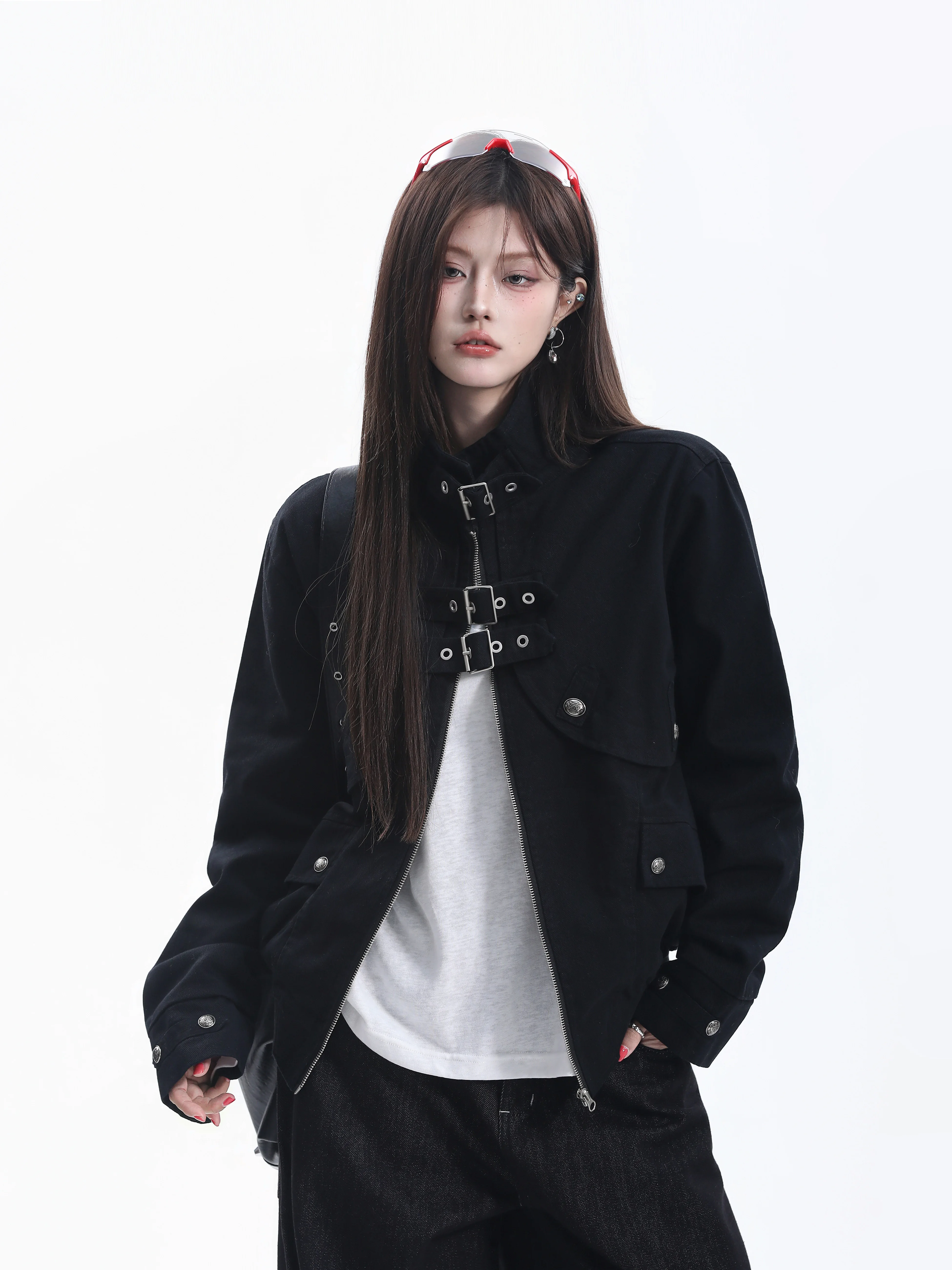 American Functional Style Short Workwear Jacket Women's Loose Street Couple's Jacket Metal Button Stand Collar Long Sleeve