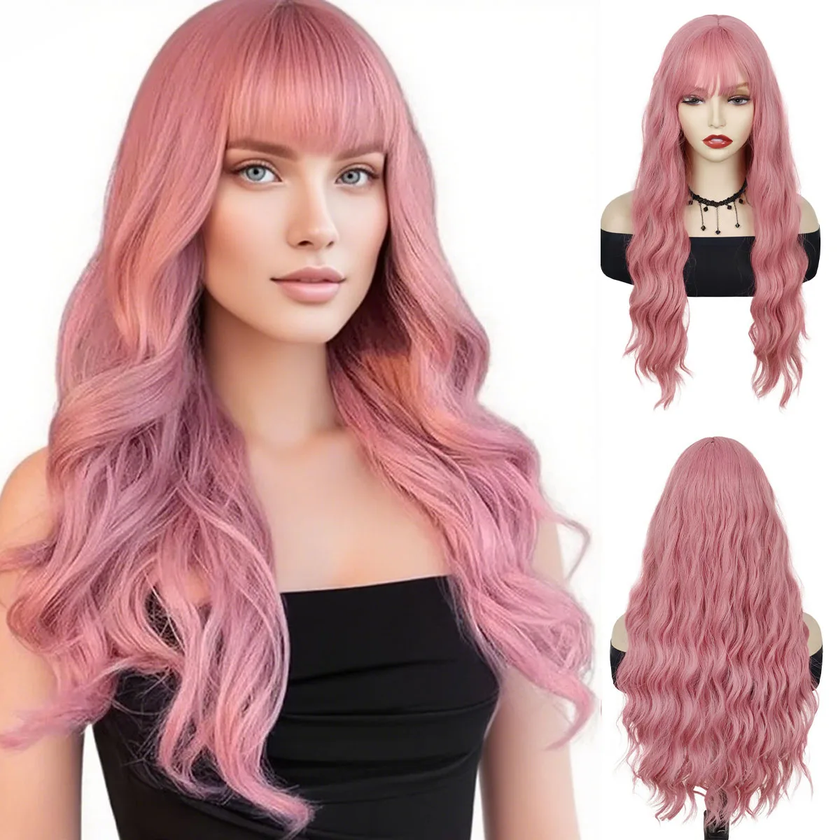 

Synthetic Cosplay Pink Wigs Long Water Wavy Wig with Bangs for Women Girls Halloween Wig Costume Carnival Party Christmas Use