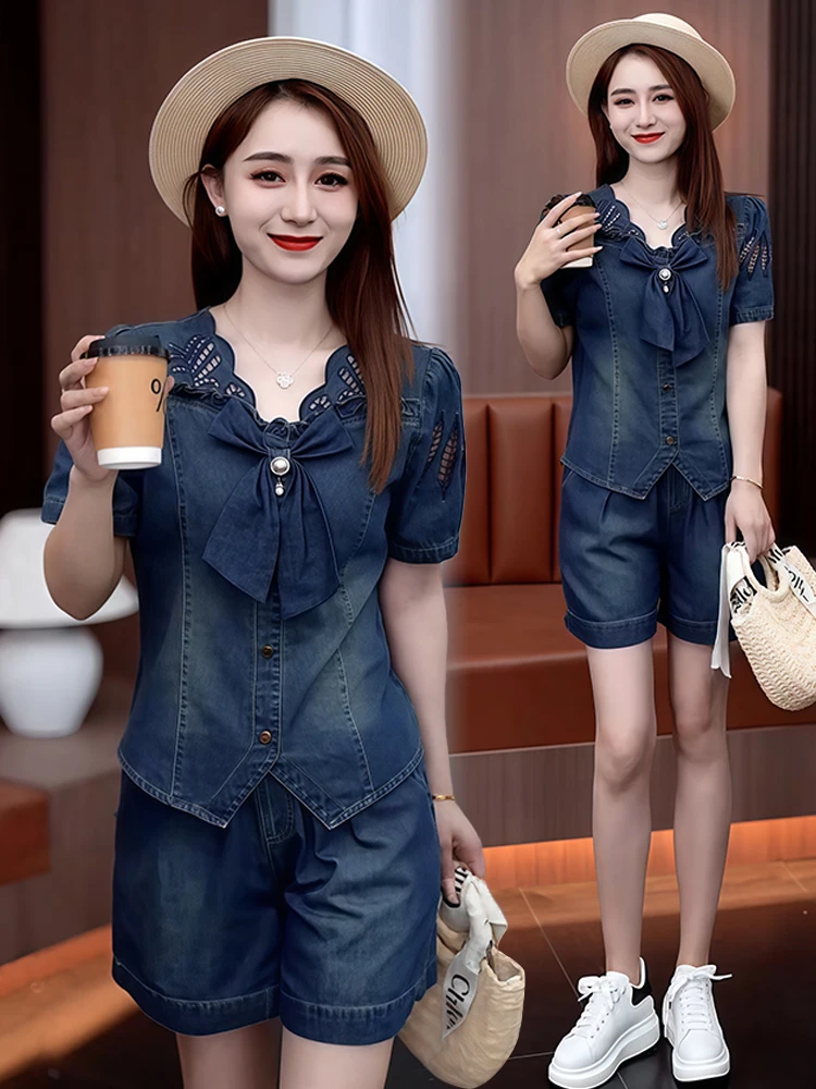 

Women's summer 2025 new irregular retro fashion bow top casual shorts pure cotton temperament anti-aging two-piece set