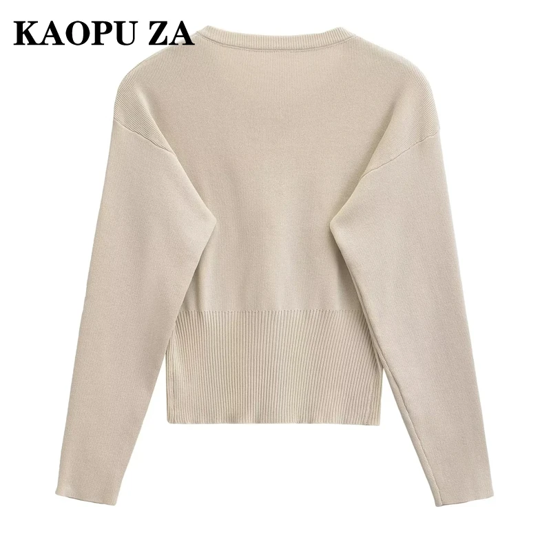 KAOPU ZA Women's 2024 Fall Round Neck Long Sleeve Sweater Button Waist White Plain Knit Outerwear