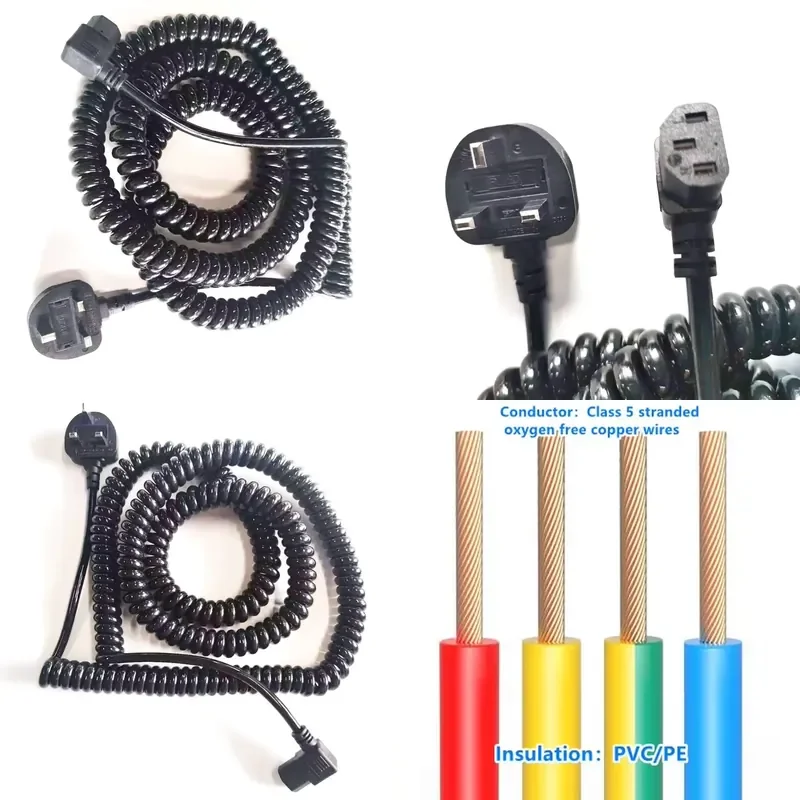 Black 13A BS IEC SJTW UK 3pin Plug to Right Angle C13 Spring Spiral Power Cord for Computer