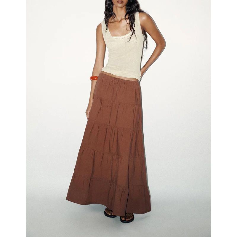 夏の新作レディースファッション　結び飾りレイヤードスプライシングミディ丈スカート　ハイウエストロング丈ドレープスカート