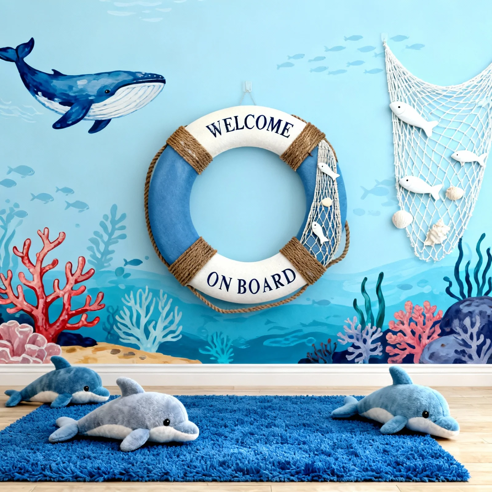

1Pcs 50Cm Lifebuoy Decoration Mediterranean Style Hanging Ornament for Door Wall Window Cafe Restaurant Bar Decor Blue Fish