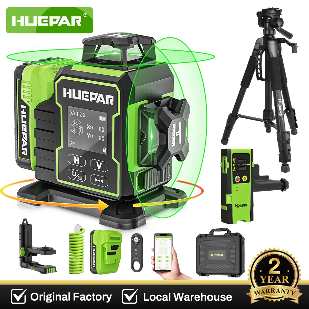 Huepar W03CG Набор 3D 12-линейный лазерный уровень со штативом-детектором 360 ° Cross Lines Bluetooth Электрическое вращающееся основание ЖК-экрана Пульт дистанционного управления