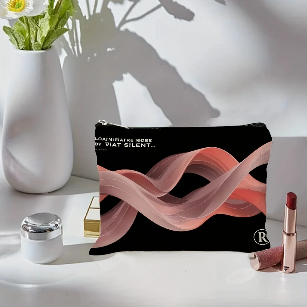 Nowoczesna, minimalistyczna kosmetyczka w kolorze beżowym i czarnym z abstrakcyjnym wzorem fal - wielofunkcyjna saszetka na zamek błyskawiczny, etui na biżuterię.