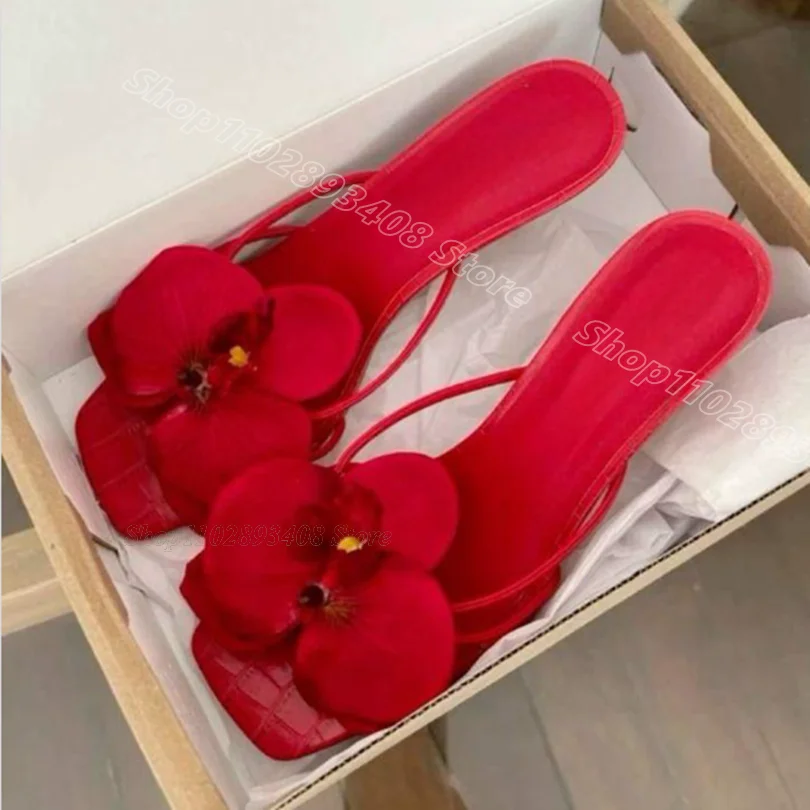 Red Flower Decor Square Toe Slippers Stiletto Heels Solid Summer British Style Party Casual Women Shoes 2024 Zapatos Para Mujere