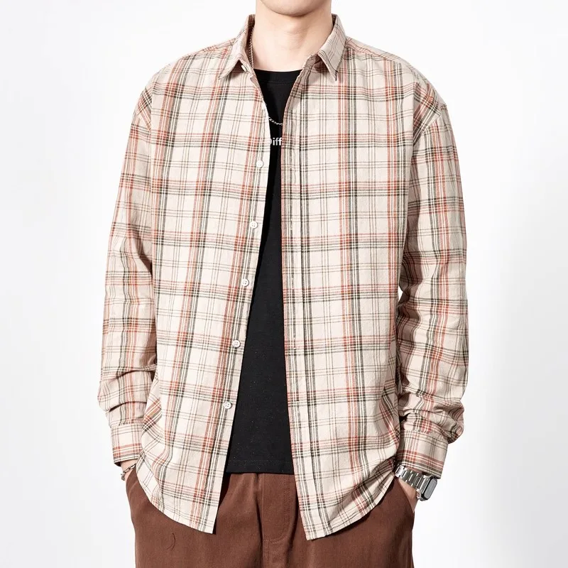 

Модная японская рубашка в клетку для мужчин, весна 2024, повседневная, с длинными рукавами, свободного кроя, молодежная, в городском стиле, из хлопка, на пуговицах