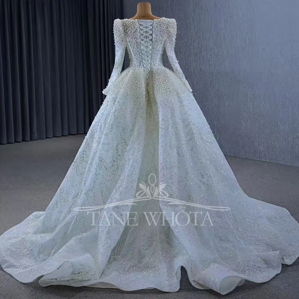 Gaun Pengantin Lengan Panjang Kerah O Berpayet Mewah Elegan dengan Tali di Belakang Model Sheath Robe De Mariee