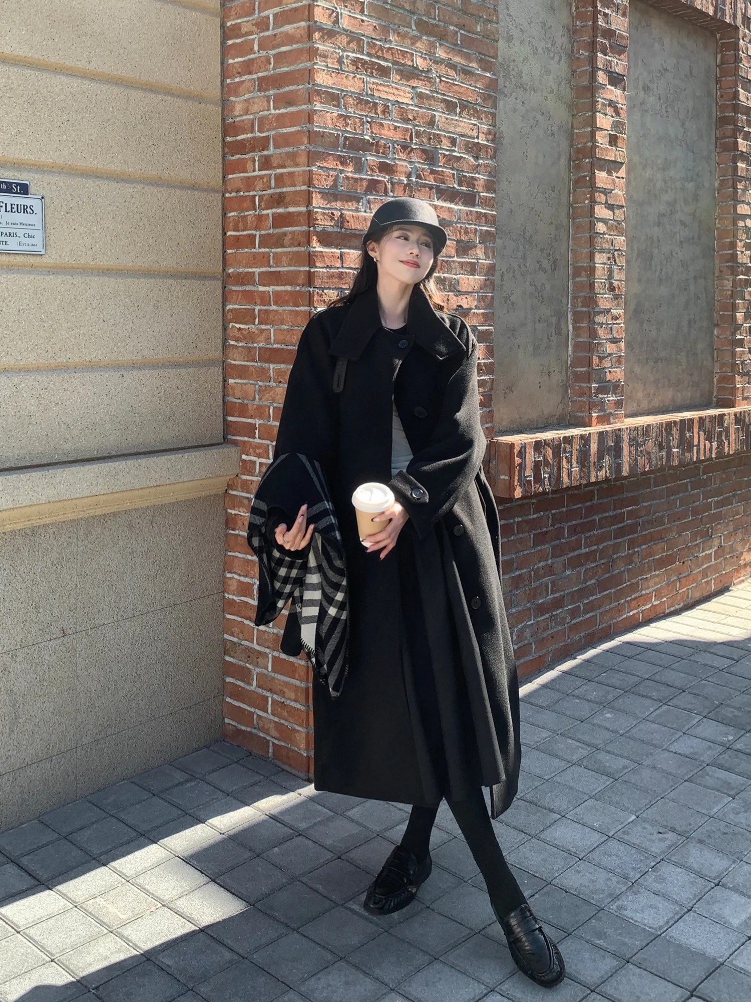 

Ele Long Line Woolen Coat Women's H-ape oulder Insert Loose Fit Open Front Button up Classic Korean Sle Outerwear