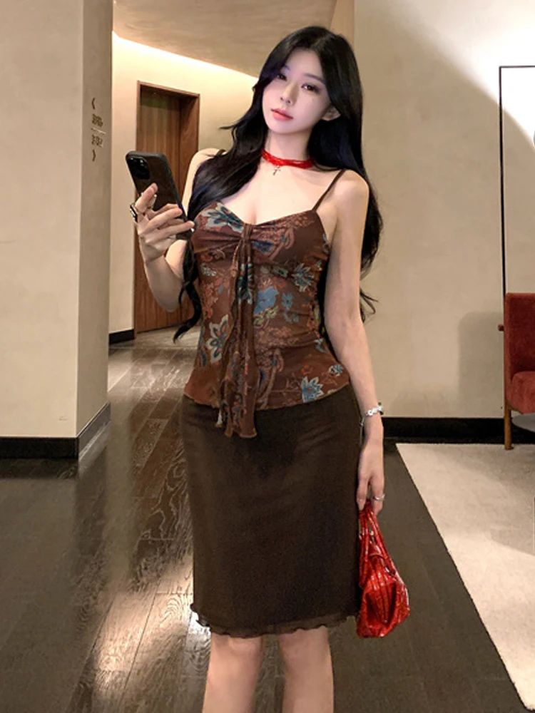 

Sexy Retro Print Strap Vest Top And Half Skirt Set Lace Trim Net Wrap around Bodycon Top V Neck Sleeveless Slim Fit Four Seasons