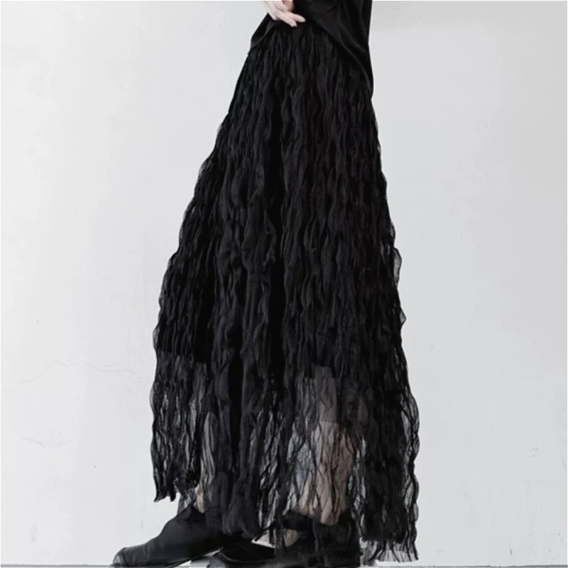Women Water Ripple Tulle Skirts Solid Ankle Lenth Skirt A Line Elastic Waist Slight Strech Loose Fit Elegant Casual 2026 Summer