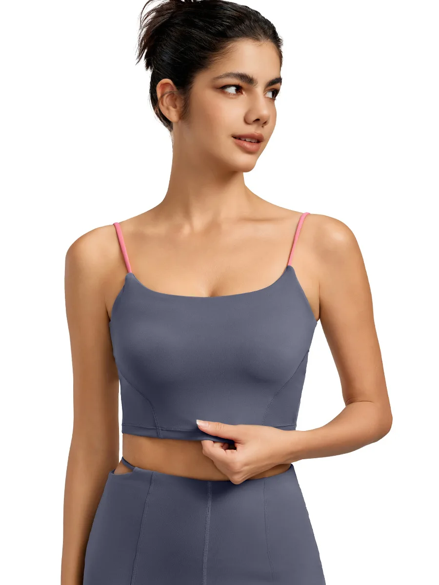 Sexy Thin Strap Sports Bra for Women Padded Cool Feeling Yoga Top with Color Block & U Back Design, Summer Workout Tank Camisole