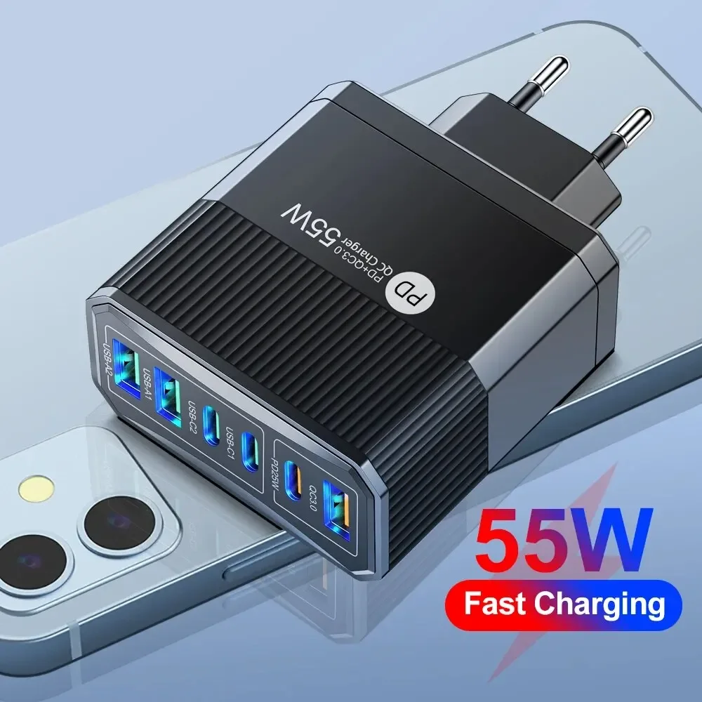 Fast Charging USB Charger for iPhone, Samsung, Huawei, Xiaomi, Mobile Phone Charger, 6 Ports, Quick Charge 3.0, 55W, PD