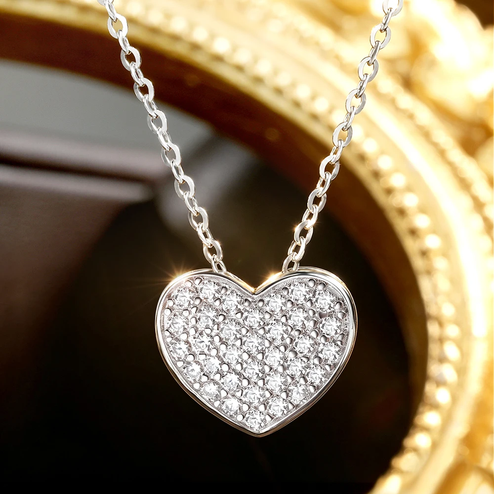 KNOBSPIN Moissanite Heart Pendant Necklace 925 Sterling Silver Full Diamond Sparkling Pendant for Women Anniversary Wedding Gift