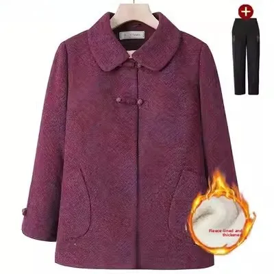 Spring Autumn Thin Long Sleeve Outerwear Set for Elderly Women Fashionable  Collar Short Coat Single Button Loose Fit
