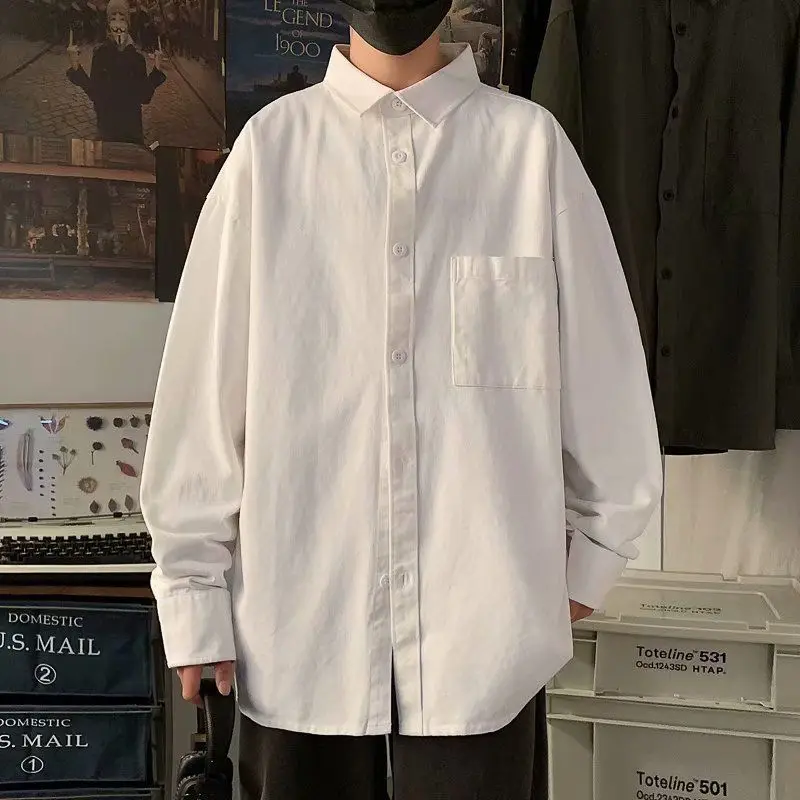 Casual Youth Men's New Blouse Long Sleeve Polo Neck Solid Color Loose Shirt Tops Spring Autumn Fashion Trend Men Clothing