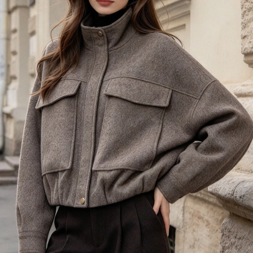 Chic Herringbone Bomber Jacket Zip Up Stand Collar Long Sleeve Pockets Loose Fit Thick Warm Casual Fall Winter Outerwear Coat