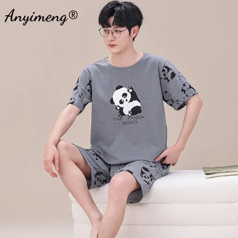 New Summer Knitted Cotton Men Pajamas Set Short Sleeve Shorts Sets Pajama Fashion Pyjamas for Men Bear Print Male Homewear