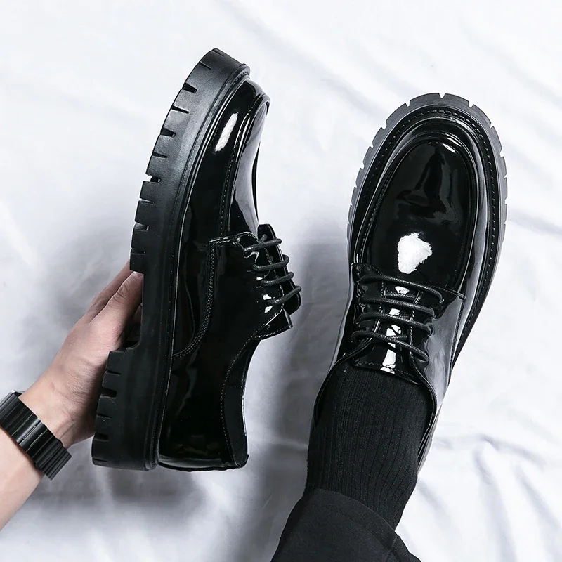 

New Black Thick Soled Shoes Platform Men Shoes Round Toe Solid Lace-up Green Mens Dress Shoes