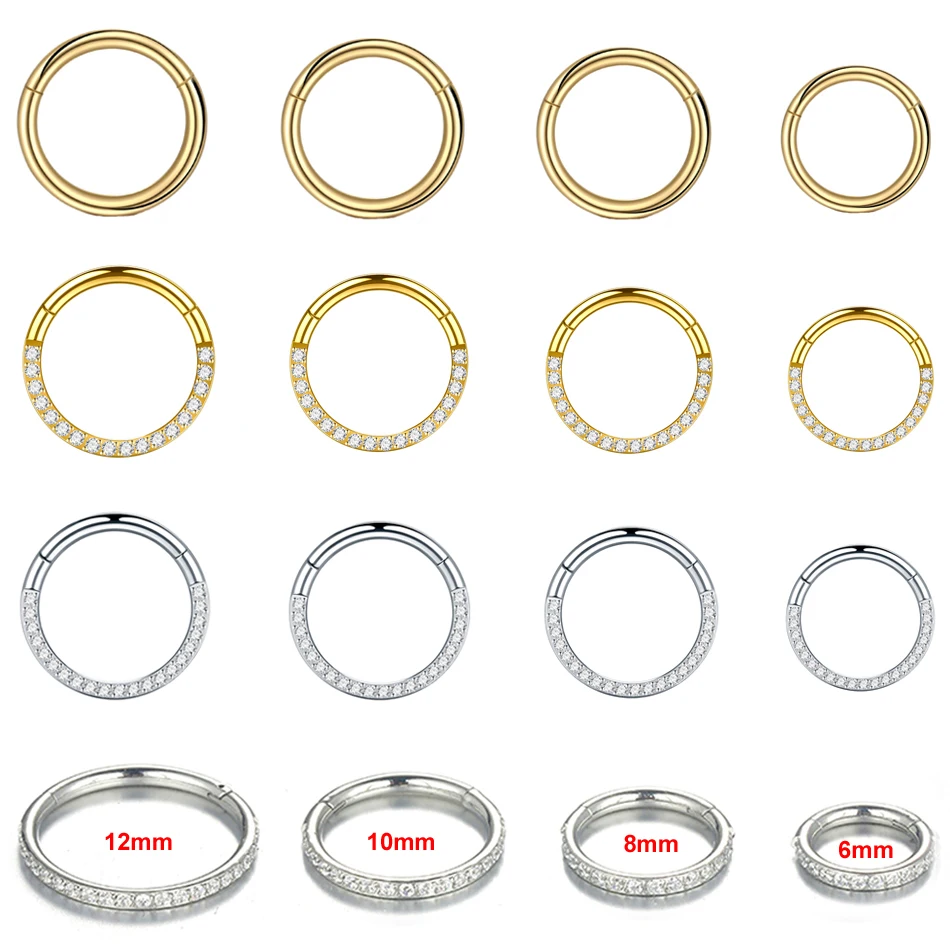 10Pcs 316L Stainless Steel Crystal Hinged Segment Nose Septum Hoop Clicker Ring Earring Ear Tragus Helix Piercing Jewelry 6-12mm