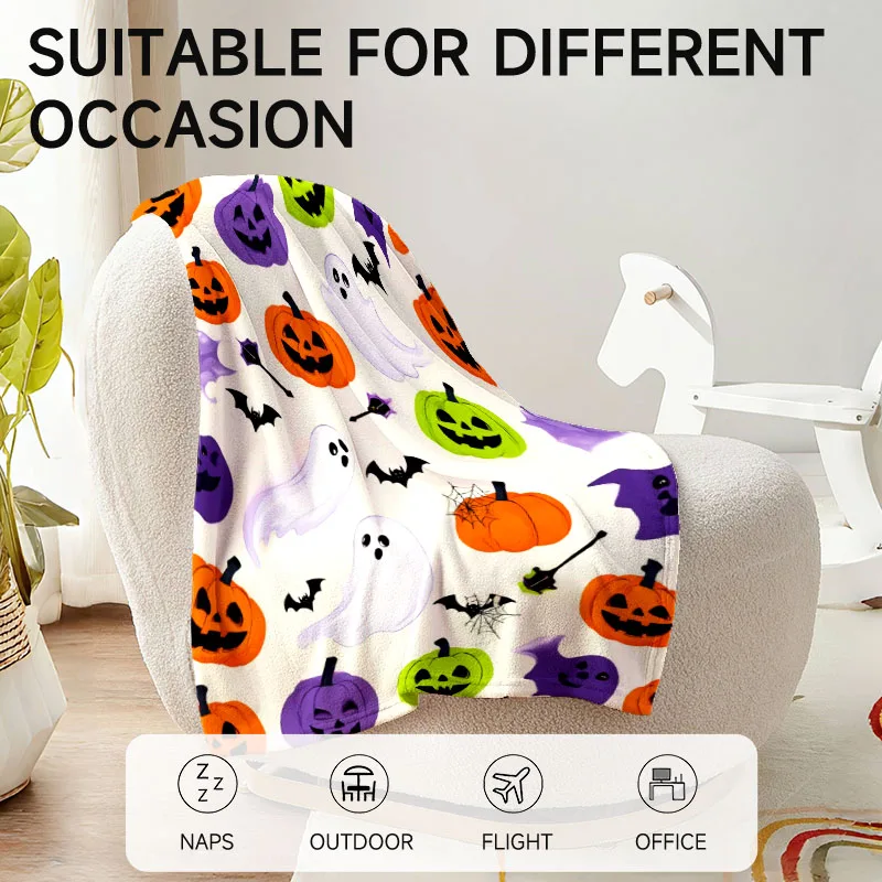 قطعة واحدة من بطانية الفانيلا متعددة الألوان بطابع الهالوين، ناعمة، مناسبة للأريكة والسرير والمكتب والاستخدام لجميع المواسم.