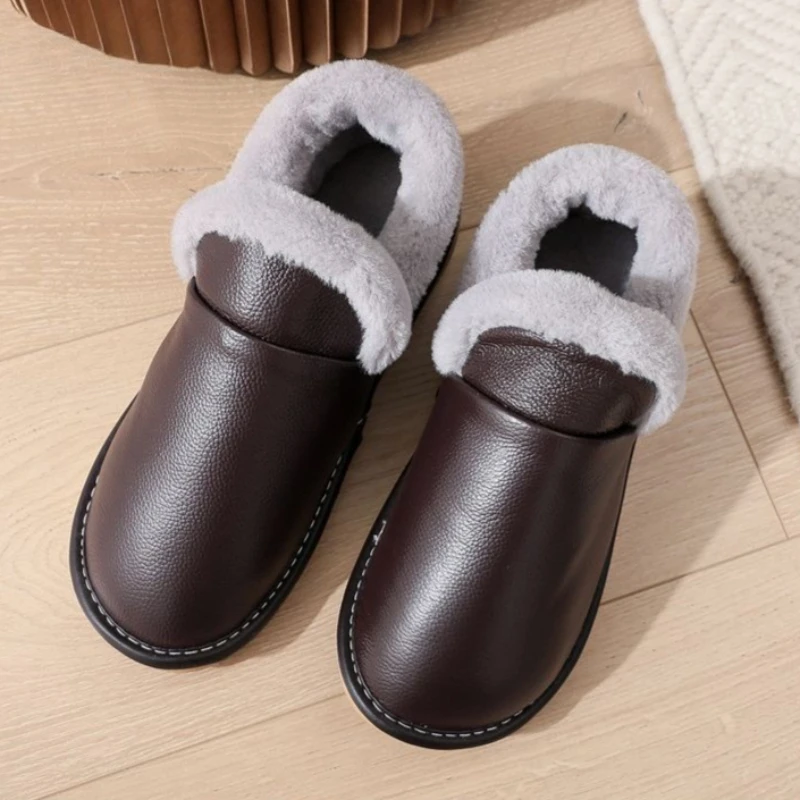 Winter Leather Heel Cover Cotton Slippers Unisex Indoor Waterproof Non-Slip Warm Shoes