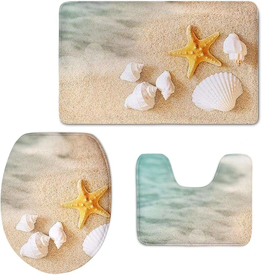 Bath Mat,Beach,Starfish Sea Shell Bathroom Carpet Rug Non-Slip 3 Piece Bathroom Mat Set