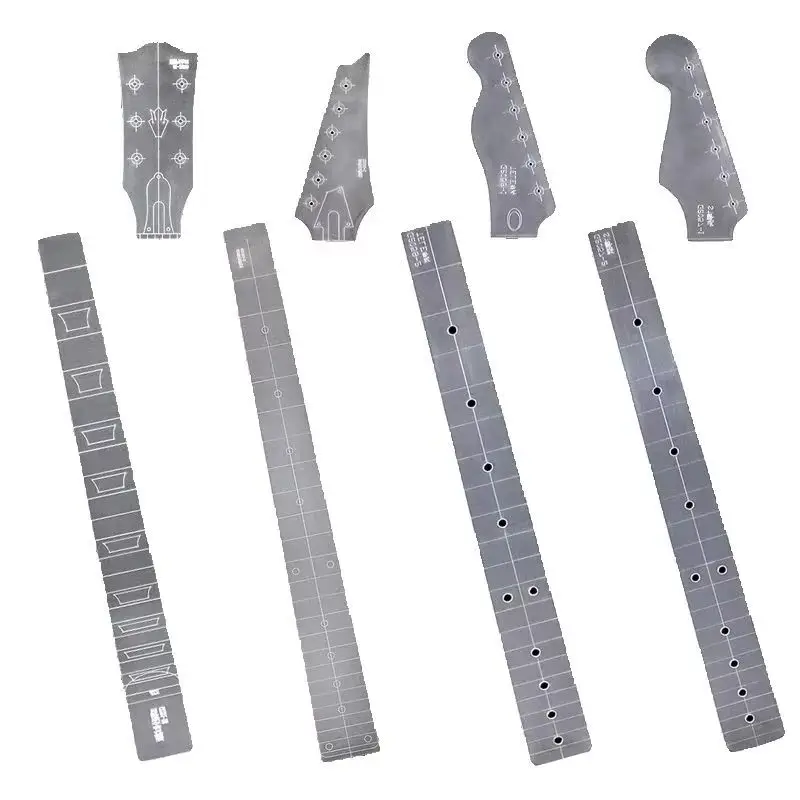 Modello trasparente in acrilico per la realizzazione di chitarre: modello per la parte superiore del manico (headstock) e per la divisione del tastier