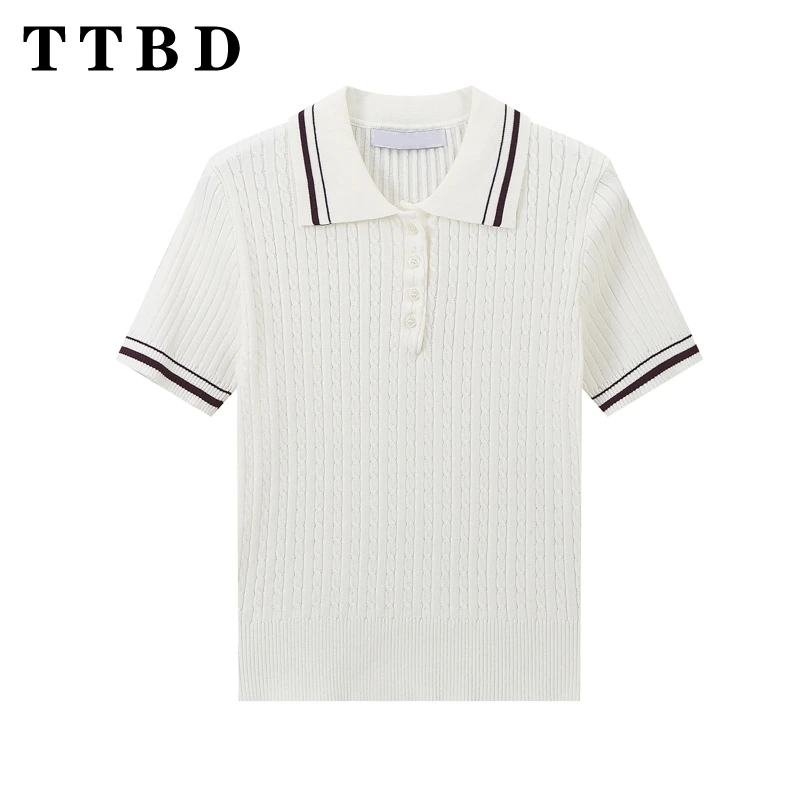 TTBD 2024 New Autumn Women's Casual Striped Polo Sweater Short Sleeve Knitwear Elegant Fashion Tops