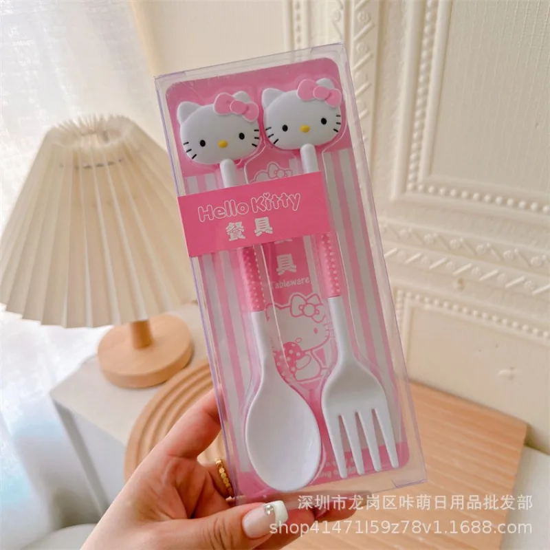 مرحبا كيتي مجموعة أدوات المائدة لطيف أنيمي الكرتون فتاة Kt عنبر المنزل المحمولة شوكة ملعقة نزهة اكسسوارات طالب هدية بالجملة