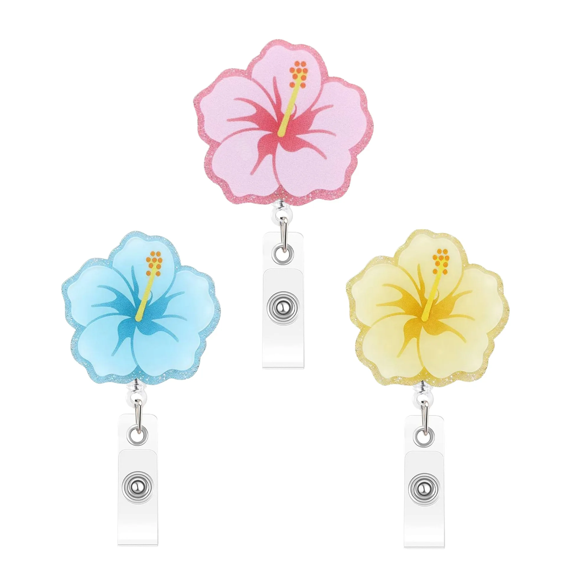 2026 New Design 1 Piece Shiny Flowers Retractable Nurse Badge Reel Student Teacher Doctor ID Card Holder Alligator Clip