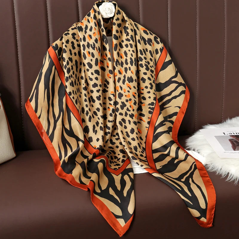 110cm Square Silk Scarf Women Leopard Print Head Wrap For Hijabs Scarves Ladies Hijabs Luxury Brand Shawls Pashmina Stole