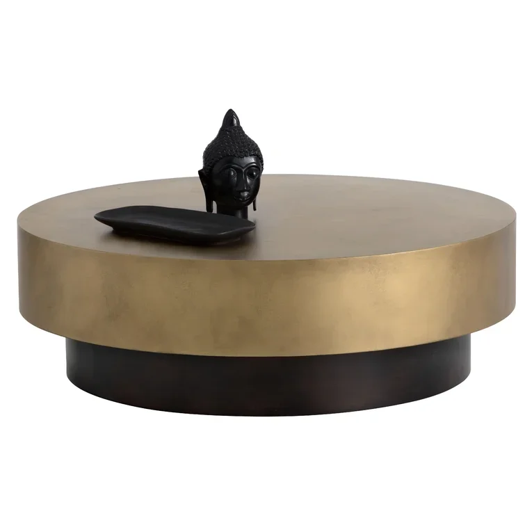Gold Plated Round Modern Luxury Center Coffee Table with Black Base and White Marble Top for Living Room Furniture