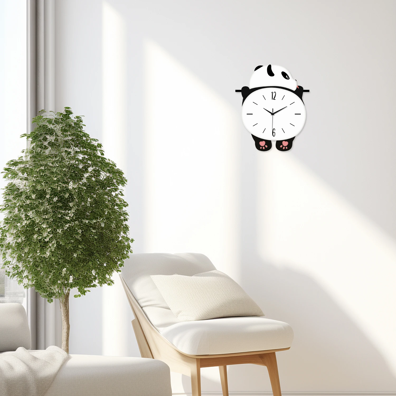 A Modern Cute Wooden Panda Silhouette Clock with Pink Paws, Large Swinging Wall Clock, Battery-Powered Silent Swinging Clock for Living Room, Bedroom, Home, Kitchen, Aesthetic Room Decoration, Unique Gift (Battery Not Included) - view 5