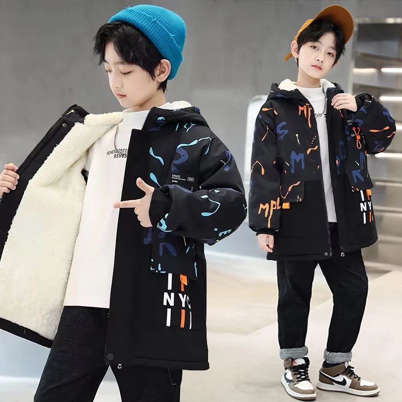 Boys' Warm Hooded Winter Jacket Kids Fashion Letter Plush Fleece-Lined Cotton Parka Coat 5-12 Years Outdoor Sports Outerwear