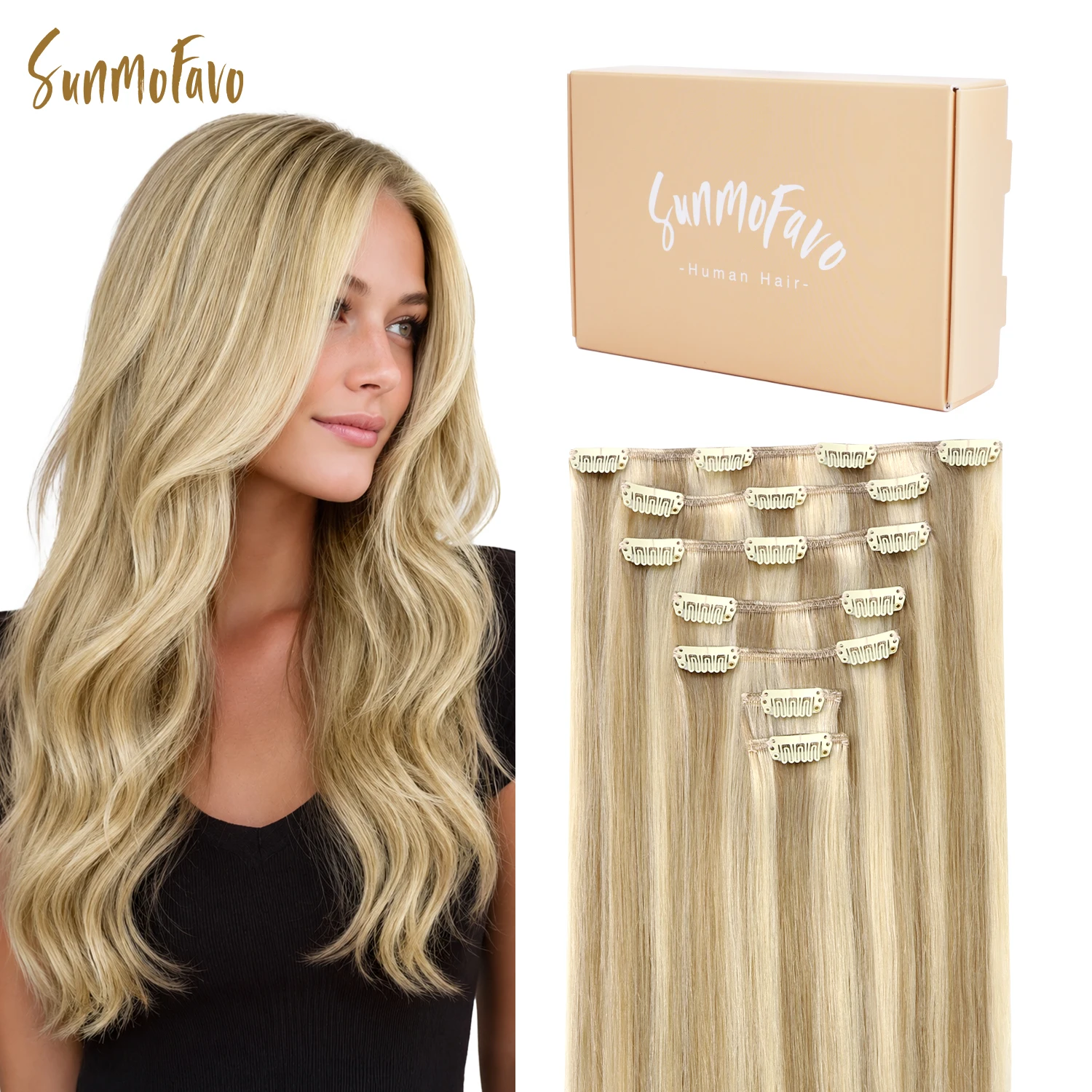 sunmofavo-7-pezzi-di-extension-per-capelli-umani-remy-con-clip-lisci-naturali-color-oro-doppia-trama-per-tutta-la-testa-morbidi-e-setosi-per-donne