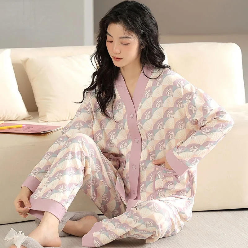 

Girls High-grade Cotton Pajamas Ladies Spring Autumn Sleepwear Women Long Sleeve Loungewear 2-piece Set Plus Size Home Clothes