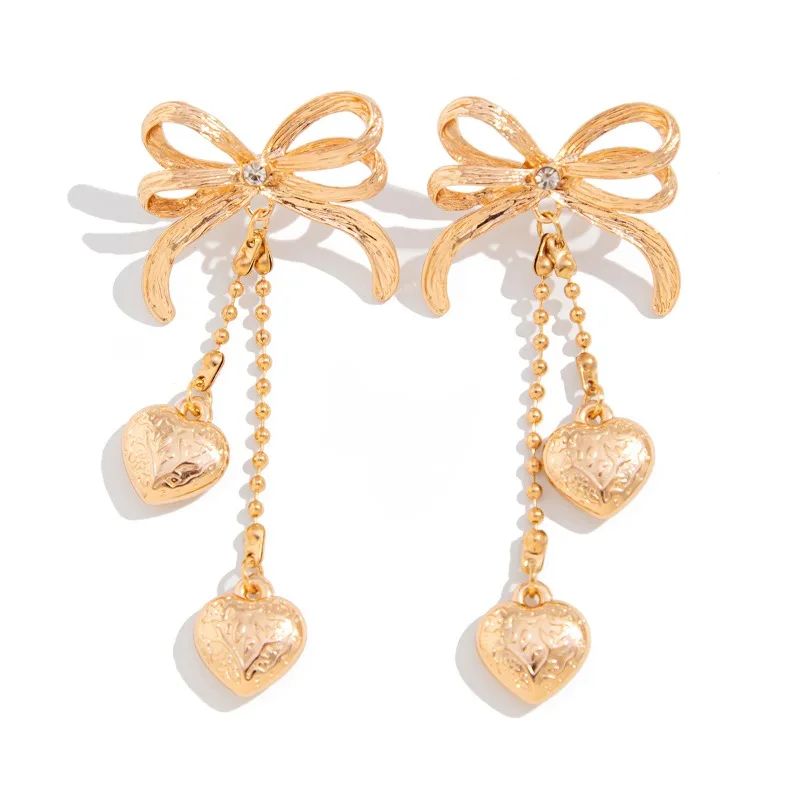

French bow tassel bead chain women's ins love golden metal long earrings