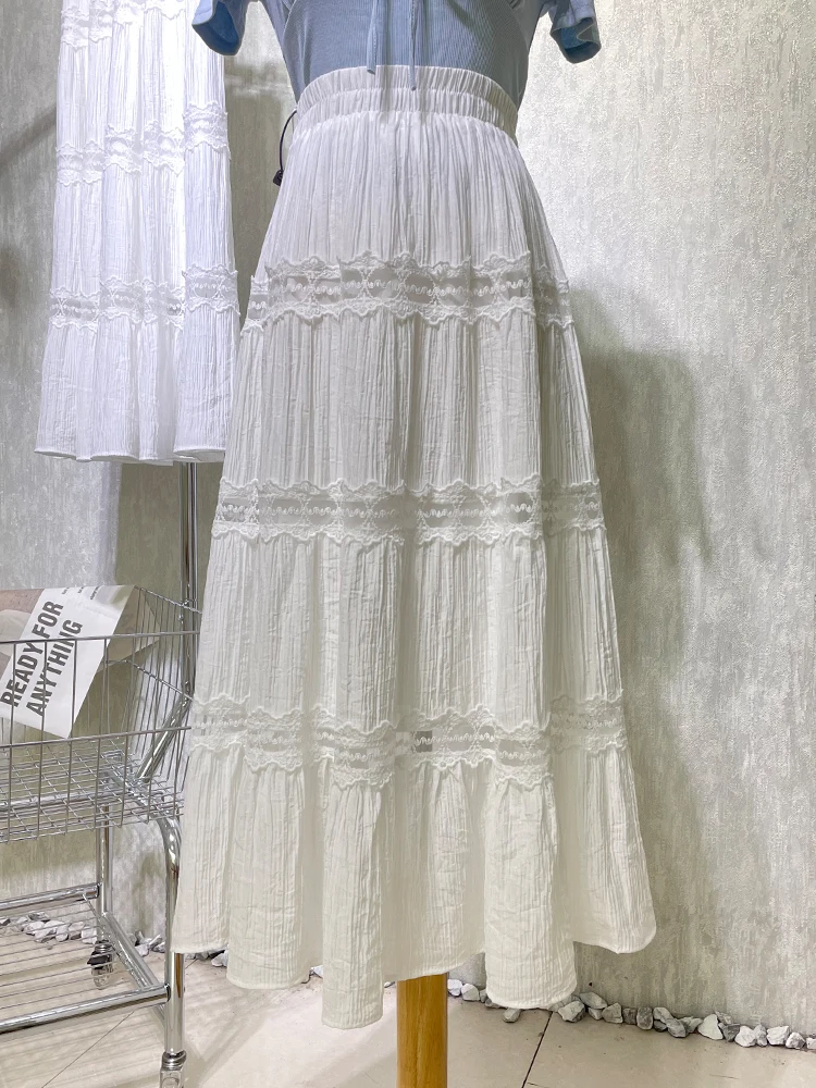 

Japanese Sweet Girls Cotton Lace Cake Patchwork White Skirt Summer High Waisted A-line Large Hem A-line Long Skirts for Women